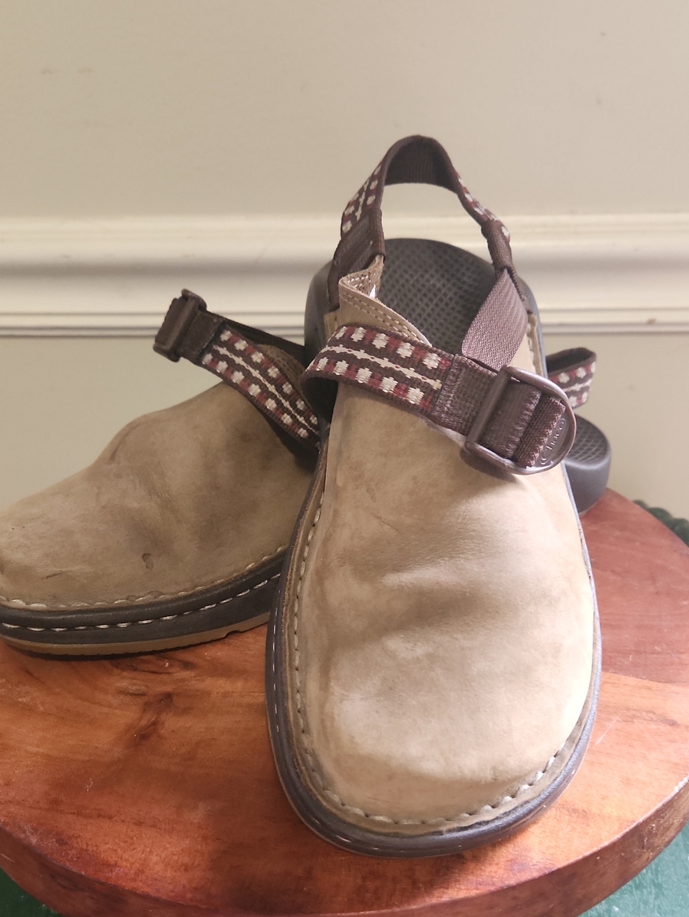 Chaco ToeCoop Tan Suede Slip On with Patterned Brown Strap
